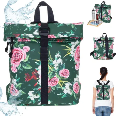 Produktbild von Rucksack Damenrucksack Frauen New Rebels Flora Fashion small, medium Bürorucksack Bürotasche  Handtasche Daypack Büro Freizeit für Damen Freizeitrucksack klein 511317 63 Grün Fower Blumen + Bagboom Schlüsseletui
