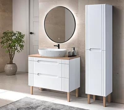 Zdjęcie produktu dla Biała Szafka Łazienkowa 100 Cm Z Umywalką, Słupkiem I Lustrem Led