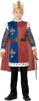 A young boy is posing in a king's costume.