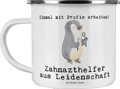 Produktbild von Mr. & Mrs. Panda Emaille Becher Zahnarzthelfer Leidenschaft - Weiß - Geschenk, metallbecher, Teetasse, Pott, Kaffeepott, Tasse
