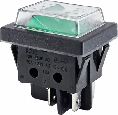 Produktbild von Wippenschalter mit Wasserdichte Abdeckung 2 polig (4pin) 16A 250VAC 30x22mm Grüne Wippe beleuchtet