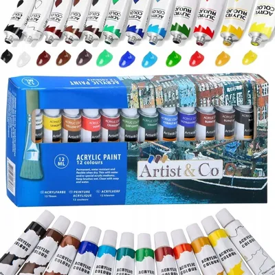 Obrázek produktu pro Sada akrylových barev Artist&Co - 12x 12 ml - Vysoce pigmentované umělecké barvy na plátno, dřevo a papír - ideální pro akrylovou malbu, umění a hobby