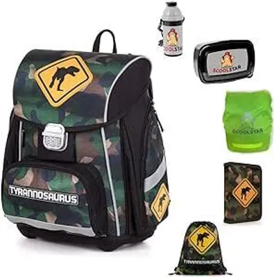 Produktbild von SCOOLSTAR DINO Dinosaurier Schulranzen Set Junge 1 KLASSE | Set 6 TEILIG | SUPER LEICHT | Tyrannosaurus | inkl. Federmäppchen Sportbeutel Regenschutz