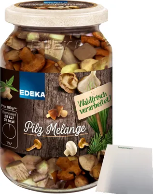 Produktbild von EDEKA Pilz Melange waldfrisch Mischung aus Pﬁfferlingen Shiitake Kräuterseitlinge Champigons (290g Glas) + usy Block