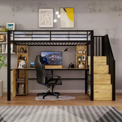 Produktbild von Hochbett aus Metall 90x200 cm Schwarz mit Schreibtisch Schrank Treppe und USB