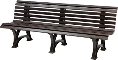 A dark brown park bench with a slatted seat and backrest, supported by four decorative legs, is shown against a white background.