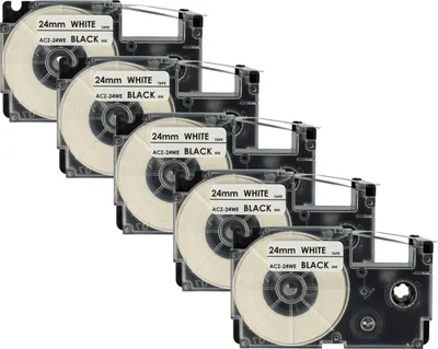 Produktbild von vhbw 5x Schriftband-Kassette Ersatz für Casio XR-24WE, XR-24WE1 für Etiketten-Drucker 8m x 24mm Schwarz auf Weiß