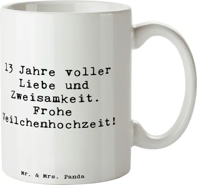 Produktbild von Mr. & Mrs. Panda Trinkbecher Spruch 13. Hochzeitstag Veilchenhochzeit - Weiß - Geschenk, haferl, Tasse, Hochzeit, Eheleben, Heiraten, Kaffeebecher, Becher, Kaffeetasse