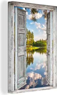 Produktbild von OneMillionCanvasses® - Leinwandbilder - 90x140 cm, Wasser - Landschaft - Fenster - Aussicht, - Geöffnetes Fenster - Fensterblick Schlafzimmer Kunstdruck Wanddekoration - Foto auf Leinwand - Gemälde auf Holzrahmen  - Wandschmucke - Schlafzimmer