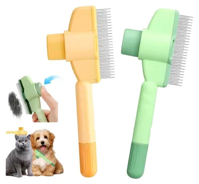 Produktbild von 2 Stück Haustierbürste für Katzen und Hunde mit Einem Knopf, Bürste zur Pflege von Unterfell mit Langen und Kurzen Edelstahlzähnen für Langhaar- und Kurzhaarrassen (Grün+Gelb)