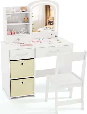 Produktbild von COSTWAY Kinderschminktisch-Set mit beleuchtetem Spiegel, Prinzessinnen-Make-up-Tisch und Stuhl-Set mit Spiegel und Lichtern, offenen Regalen Weiß