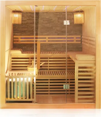 Interior of a modern sauna with wooden benches and stone walls.