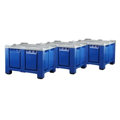 Produktbild von 3 Stück Palettenbox mit Deckel 680l 1200x1000x790 mm Blau - 4 Füsse