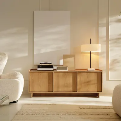 Produktbild von Minimalistischer TV-Schrank Hinoki 147 cm mit 3 Türen modernes Lowboard in Karamell-Eiche Nachbildung TV-Schrank ohne Füße für Wohnzimmer