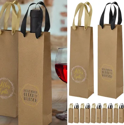 Produktbild von Flaschentüte 'Glückwünsche' 2 Motive 12er Set 10x35x8cm Papier 160gsm naturfarben Geschenkverpackung Tüte Flaschentasche