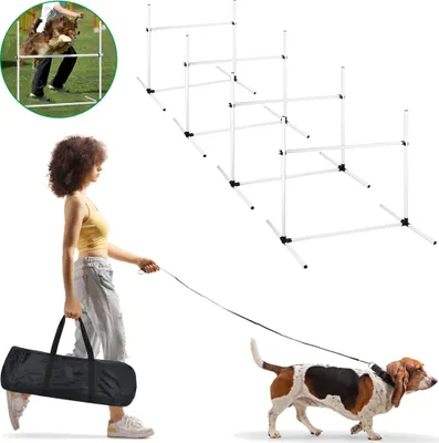 Produktbild von XINZI Weiß 4X Hürden für Hunde Agility-Ausrüstung Slalom Stangen Höhenverstellbar Slalom Training Trainingsset Trainingsstangen Sprungstangen 104x70x101cm