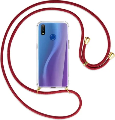 Produktbild von Handykette Backcover-Schutzhülle mit Band (Metall goldfarben) für Realme 3 Pro (X Lite) - dunkelrot