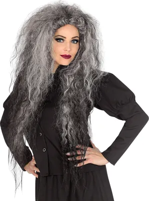 A woman wearing a black dress and a long, wild, gray and black wig, posing with her hands on her hips.