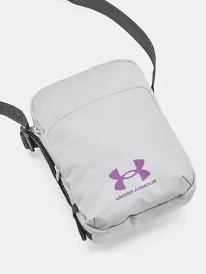 A light gray crossbody bag with a purple Under Armour logo.