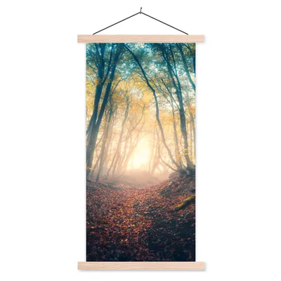 Produktbild von MuchoWow® Textilposter Wald - Nebel - Sonne - Herbst 60x120 cm mit holzfarbenen Rahmen - Holz