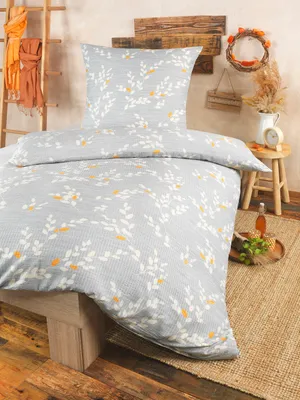 Produktbild von Seersucker-Bettwäsche-Set - 4teilig 2x Decke 135 x 200cm 2x Kopfkissen 80 x 80cm im modernen Zweig-Design - waschbar 60°C