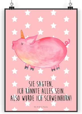 Produktbild von Mr. & Mrs. Panda Bild Einhorn Schwein DIN A3 - Rot Pastell - Geschenk, Spruch, Einhörner, Plakat, Unicorn, wanddeko, typografie poster, Englisch, drucke, Wandbild