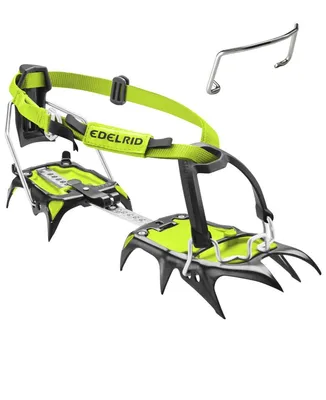 Steigeisen "Shark Auto II" von Edelrid mit grünem und schwarzem Design; geeignet für Eisgeräte und Lawinenschutz.