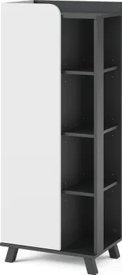 A tall, narrow cabinet with a white door on the left and open shelves on the right, set on angled legs.