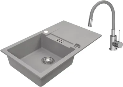 Obrázok produktu pre VBChome Granitový drez 76 x 44 cm Sivý s flexibilnou batériou Jednomiestny vstavaný drez Obojstranný škvrnitý Drez s ľahkou údržbou a sifónom