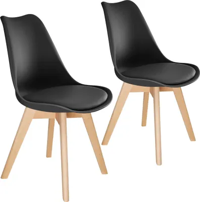 Two black chairs with wooden legs are shown against a white background.