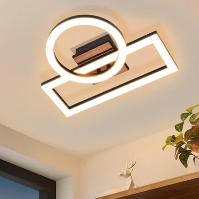 Image de ZMH : Plafonnier LED pour salon, lampe de plafond pour chambre, éclairage de cuisine en forme de cercle, design moderne imitation bois, 34,5 cm, 3000K, 14W, éclairage de plafond pour couloir, couleur noire