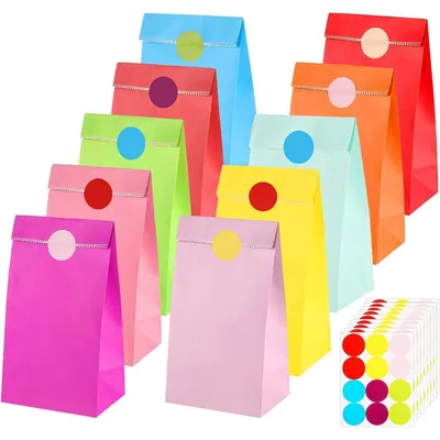 Produktbild von Papiertüten Bunt 100 Stück 18 x 9 x 6 cm mit 108 Aufklebern für Kindergeburtstag & Feiern