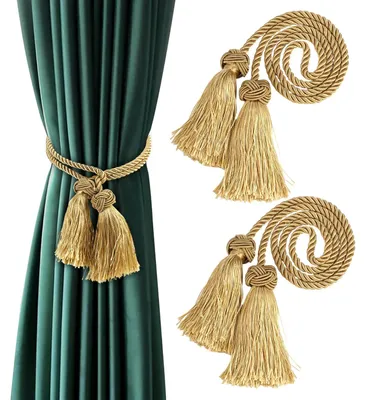 Produktbild von 2 handgefertigte Gardinenhalter mit Quasten, goldene Kordel mit Seilknoten