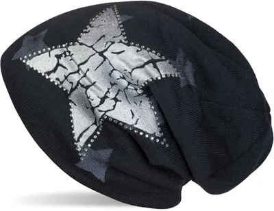 Produktbild von styleBREAKER Beanie Mütze mit All Over Stern Muster, Vintage Stern Print, Strass Rand und sehr weichem Innenfutter, Uni 04024097