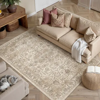 Vintage-Beige Teppich 120x170 cm, maschinenwaschbar, rutschfest