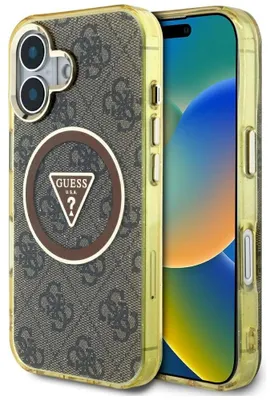 Produktbild von GUESS case passend für IPHONE 16 kompatibel mit MagSafe GUHMP16SHG4PRTGW (IML Metal Glitter 4G Circle Triangle) brown
