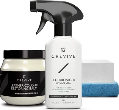 Produktbild von CREVIVE Lederreiniger 250 ml & Leder Reparatur Set Weiß 300 ml - Lederpflege Auto - Lederreparatur Sofa - Autositz Reparatur