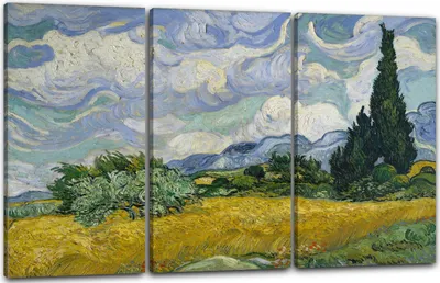 Produktbild von Leinwandbild 3-teilig (120x80cm): Vincent van Gogh - Weizenfeld mit Zypressen (1889), echter Holz-Keilrahmen inkl. Aufhänger, handgefertigt in Deutschland