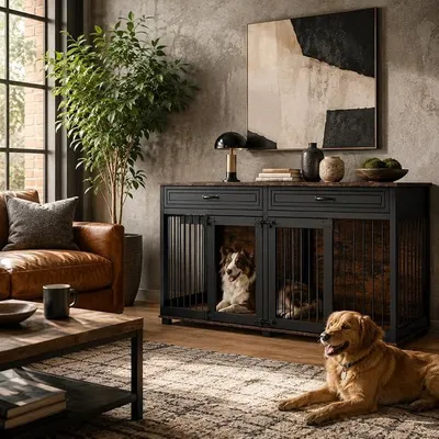 Produktbild von Hundebox XXL 164x80x60 cm, Metall Hundekäfig mit 2 Türen, Hundehütte Große Hundekiste für Innenbereich, PB-Brett & Bügeleisen, Transportkäfig & Hundetransportbox für Zuhause, Schwarz + Braun