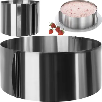 A stainless steel adjustable cake ring is shown in multiple views, with a small inset showing strawberries and a cake made in a similar ring.