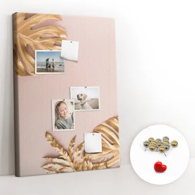 Obrázek produktu pro Korková nástěnka s kolíčky - Tabule s kolíky pro fotografie a poznámky - 70x100 cm - Připínáčky kovové 100 kusů - Zlatý list