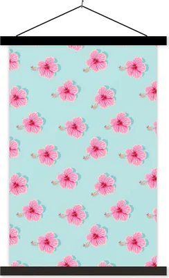 Produktbild von MuchoWow® Textilposter Sommerlich - Blumen - Rosa - Blau 60x90 cm mit schwarzem Rahmen - Poster Wohnzimmer