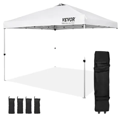 Produktbild von VEVOR Pop Up Pavillon, 10 x 10 ft, 250 D Polyurethansilberbeschichtete Plane, mit tragbarer Rolltasche und 4 Sandsäcken, wasserdicht und Sonnenschutz-Gazebo für Outdoor-Partys, Camping, kommerzielle Veranstaltungen, Dunkelgrau, Weiß