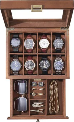 Productafbeelding van Houten Horlogebox met 8 Compartimenten - Horlogebox met Glazen Deksel voor Sieraden en Accessoires