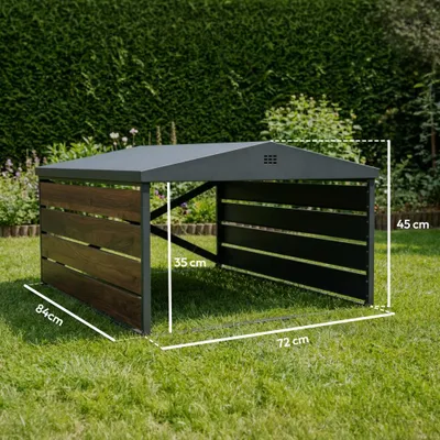 Produktbild von CASABEL Mähroboter Garage aus verzinktem Stahl in Schwarz und Holzoptik, modernes Design mit Satteldach für optimalen Wasserablauf, 84×72×45 cm, universal