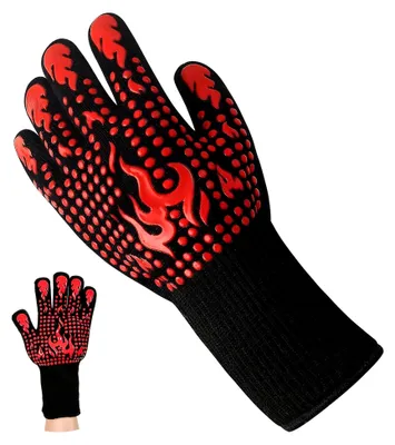 Produktbild von Grillhandschuhe bis 800°C hitzebeständig, rutschfest, feuerfeste Ofenhandschuhe, Topfhandschuhe, Kochhandschuhe für Backen und Grillen im Freien, Rot