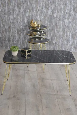 Image de Lot de 4 tables d'appoint, aspect marbre noir et or, 90 x 50 x 43 cm