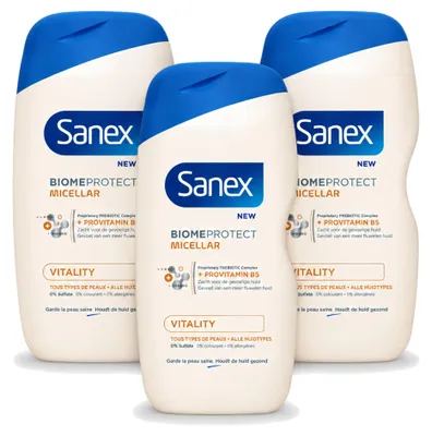 Image de 3 x Gel douche micellaire Sanex BiomeProtect Vitalité, 400 ml - Pack avantage - 3 pièces