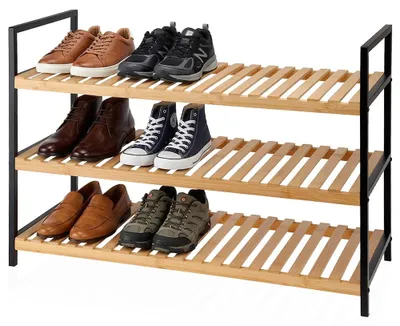 Zdjęcie produktu dla Storage Solutions | Stojak na buty z bambusa - 3 poziomy - 70x30x48 cm - Metal czarny