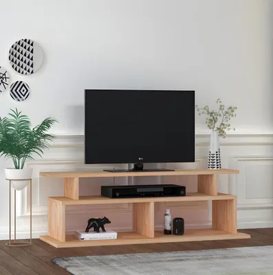 Zdjęcie produktu dla Stylowa beżowa szafka pod telewizor Kredens do salonu Solidna drewniana półka